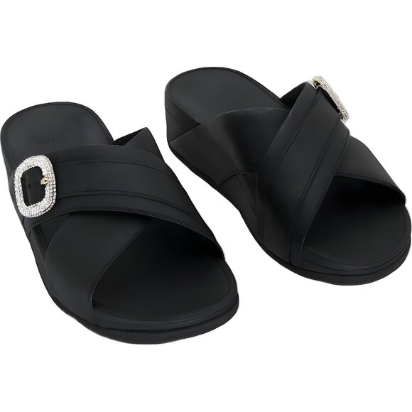 FitFlop Lulu Crystal Buckle Leather Slide Sandals Black Comfort Wedge 5M - Picture 1 of 6